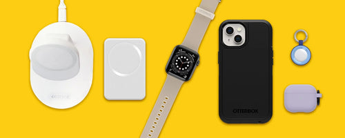 Variety of OtterBox products including protective phone case, AirPods and AirTags case and wireless charging products on a yellow background