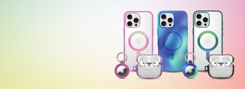 Three OtterBox iPhone Lumen Series and Figura Series cases and accessories on a multicolor background