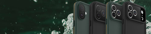 Green and black OtterBox Fre Series waterproof iPhone cases on iPhone 17 series phones
