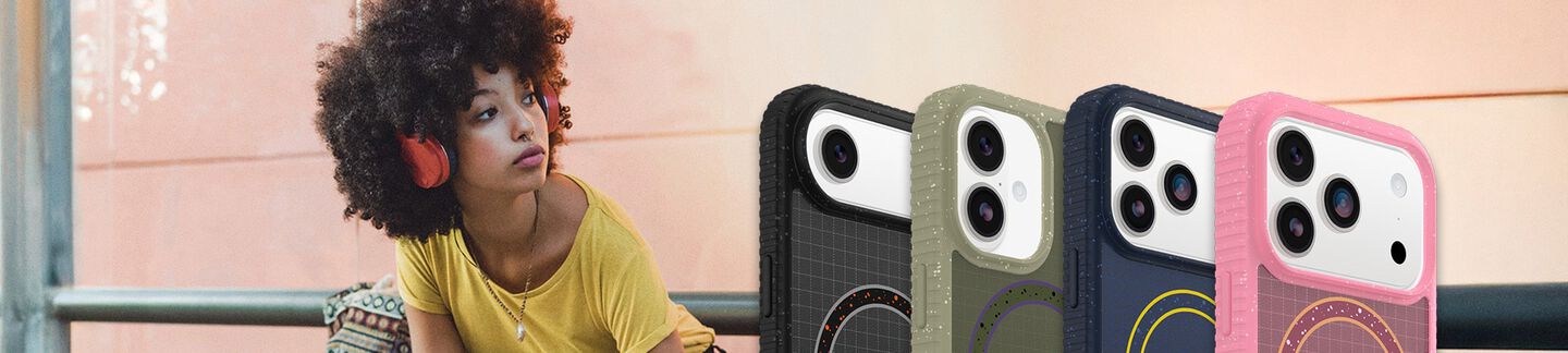 Woman wearing headphones with colorful OtterBox Sole Series phone cases on iPhone 17 devices