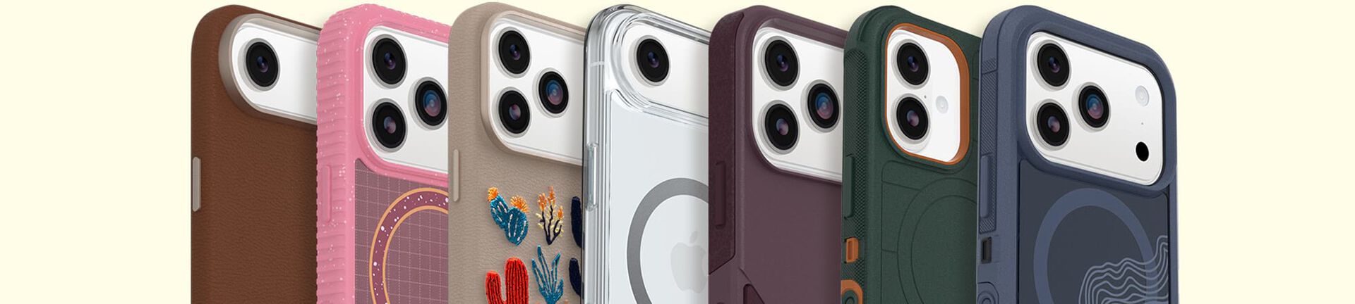 Variety of colorful, stylish and protective OtterBox iPhone cases on various iPhone 17 devices