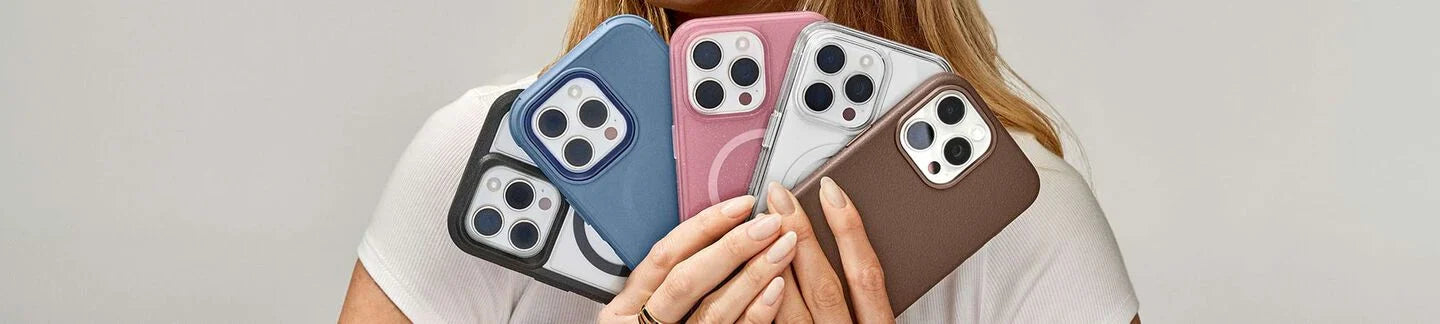 Woman holding a variety of protective and colorful OtterBox iPhone 16 phone cases