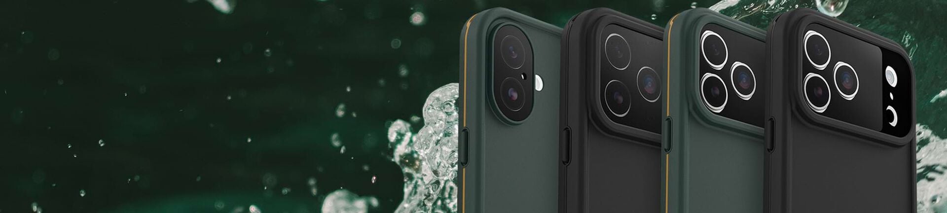 Green and black OtterBox Fre Series waterproof iPhone cases on iPhone 17 series phones 