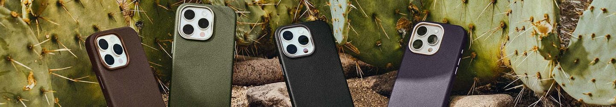 Sustainable OtterBox Cactus Leather iPhone cases on a desert background
