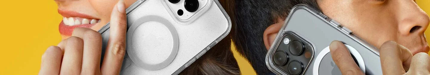 Man and woman talking on Apple iPhones in clear, MagSafe OtterBox phone cases 