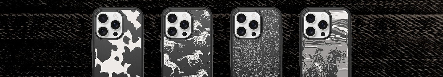 Black and white, western and cowboy inspired OtterBox phone cases on a black background