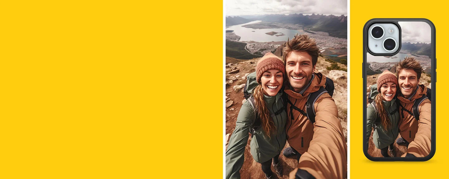Phone case with a photo of two people on a mountain, displayed on a yellow background.