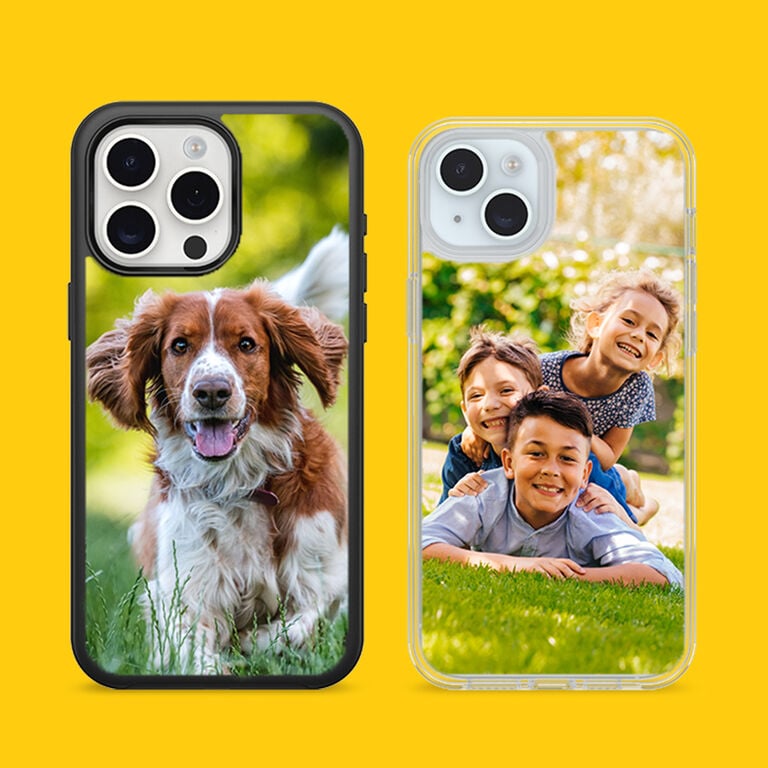 Two phone cases on a yellow background, one with a dog and the other with children.