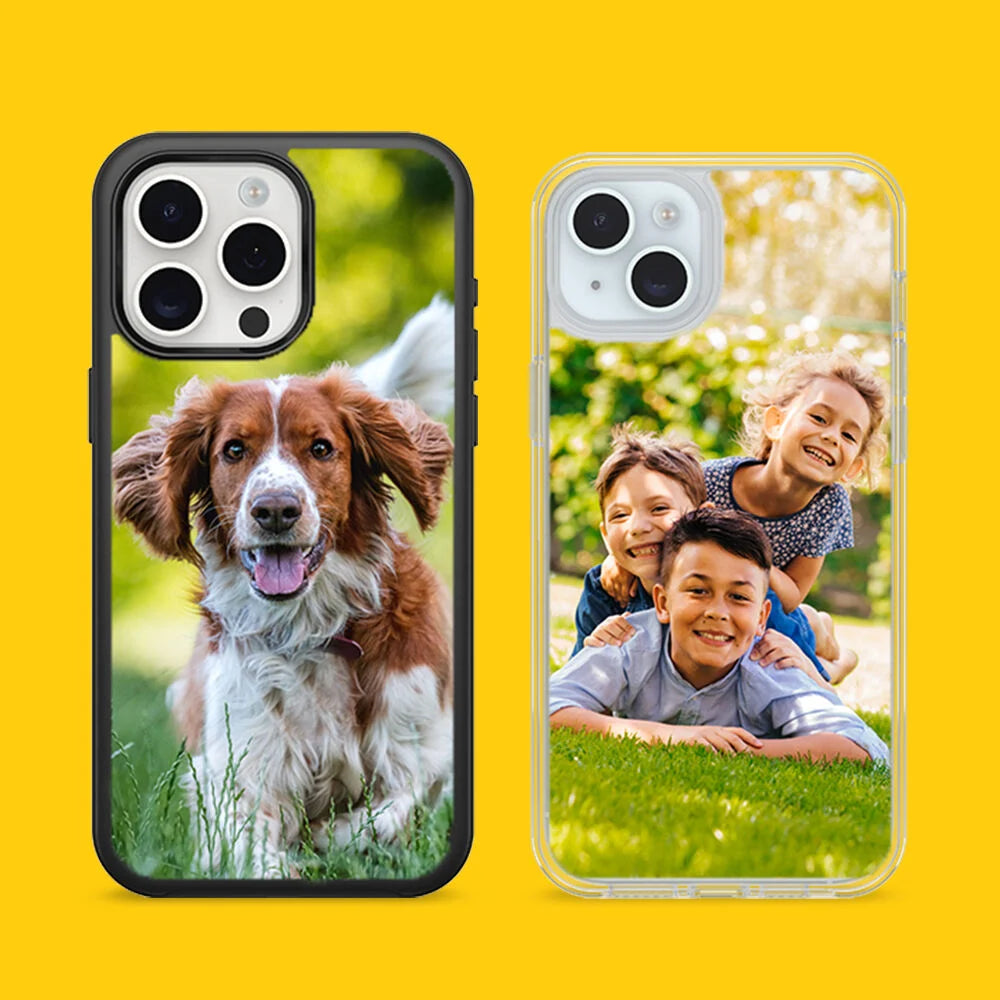 Two phone cases with a dog and children on a yellow background