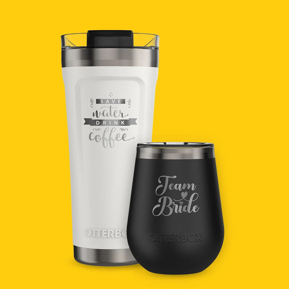 Two tumblers with motivational text on a yellow background