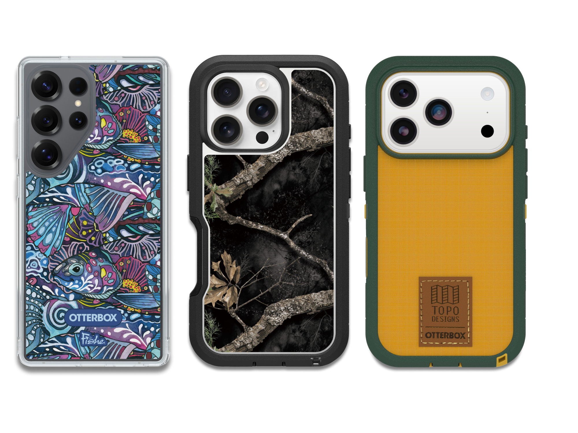Three different phone cases from OtterBox on a white background