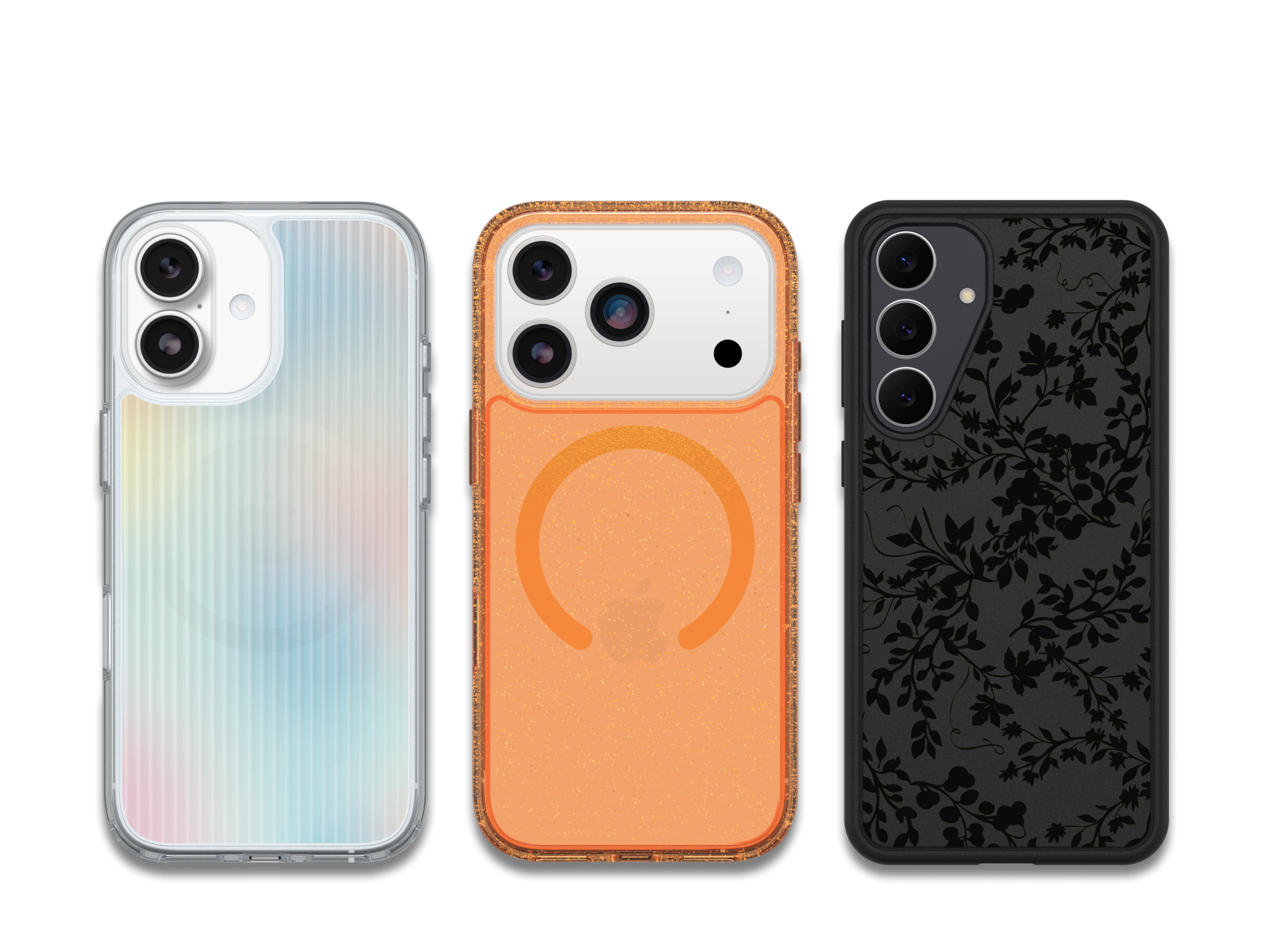 Three phone cases with different designs on a white background