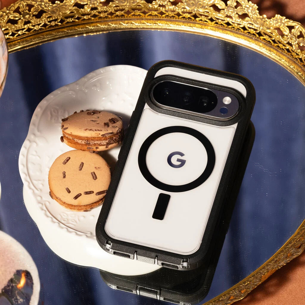 Phone case with a logo on a decorative plate with cookies