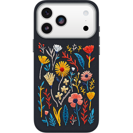 Symmetry Series Cactus Leather Embroidery Phone case with colorful floral design on a black background