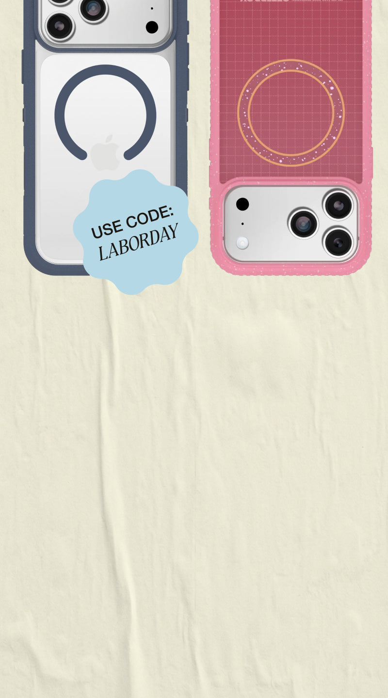 Two iPhone cases shown from the back on a light cream textured background. The left case is translucent with blue edges and dark blue ring, and the right case is dusty pink with a gold circular camera-ring graphic. there is also a sticker image that says "Use code laborday"