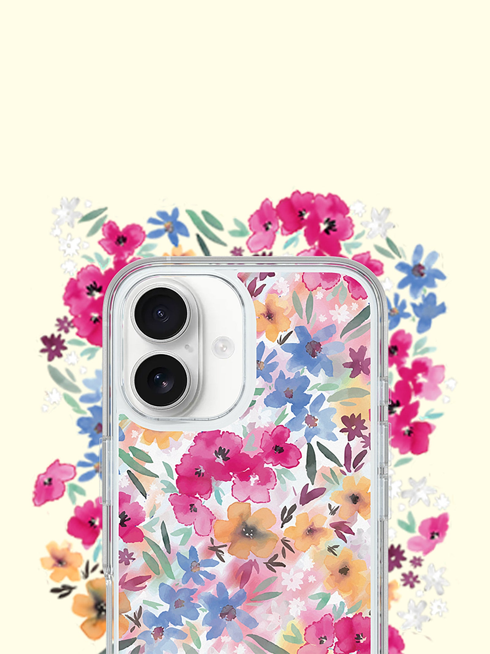 A clear smartphone case with a vibrant watercolor floral print featuring pink, blue, yellow, and orange flowers, shown on a white phone against a pale cream background.