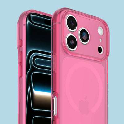 pink lumen case on an iphone with a blue background
