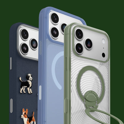 dog symmetry cactus leather, green symmetry stand and regular blue symmetry iphone cases