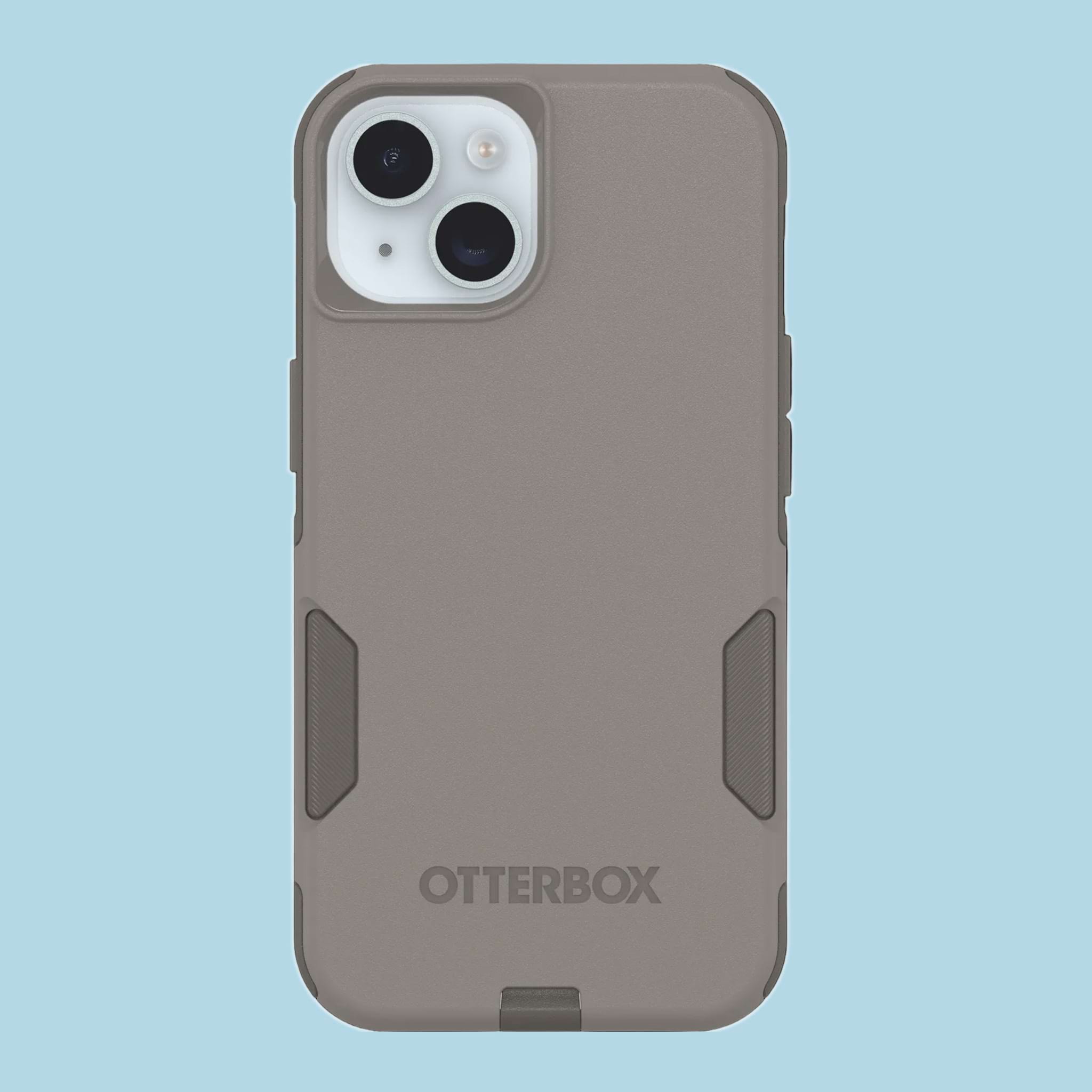 iPhone phone in gray OtterBox Commuter Series phone case on blue background