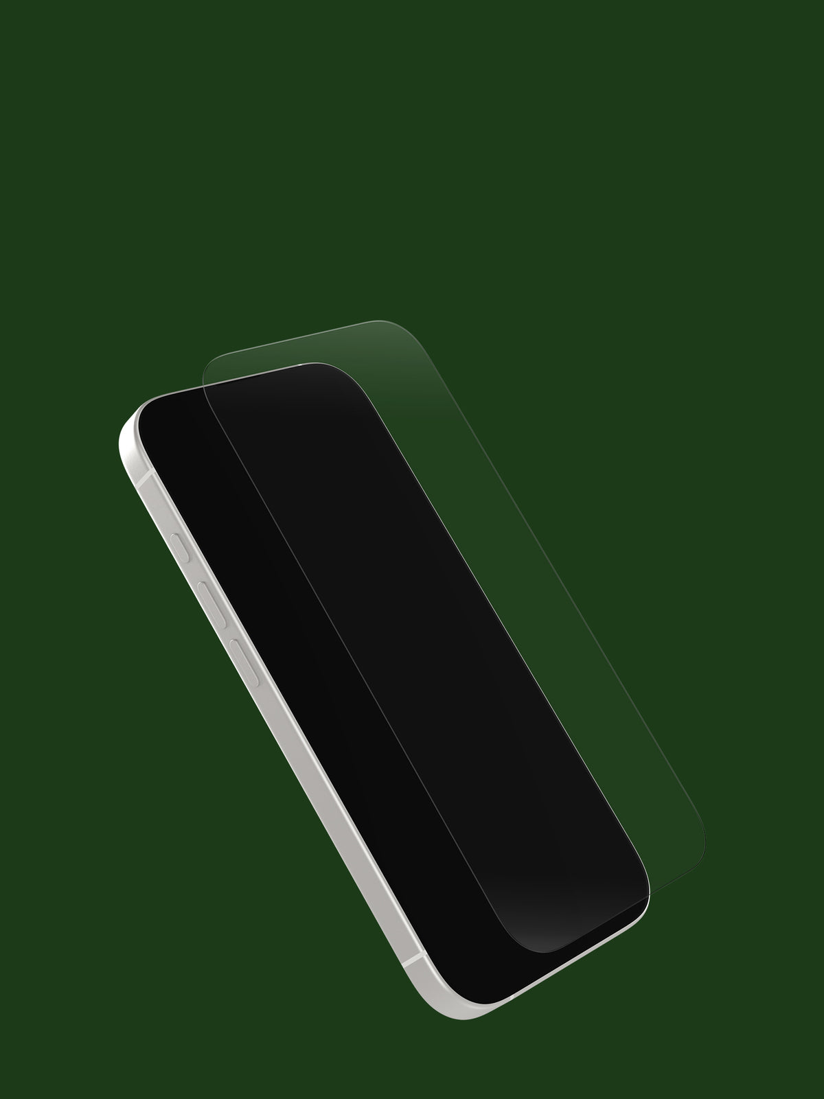 A clear tempered glass screen protector shown floating above a black smartphone with a silver edge, set against a solid dark green background.