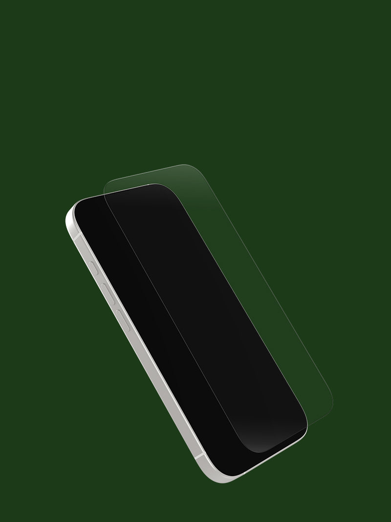 A clear tempered glass screen protector shown partially applied to the top of a black smartphone, set against a solid dark green background.