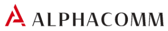 AlphaComm logo with a red and black design on a white background