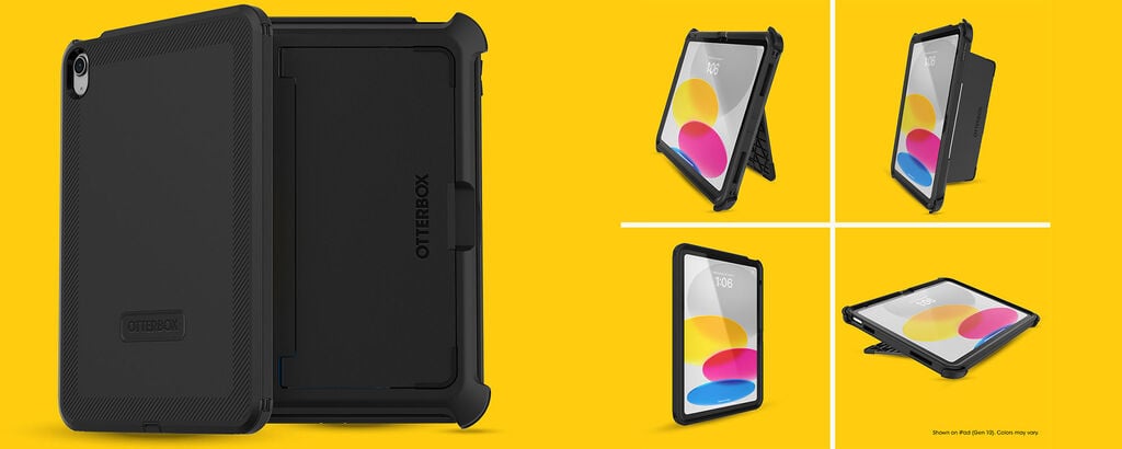 Black tablet case on a yellow background with tablet illustrations showing case use.