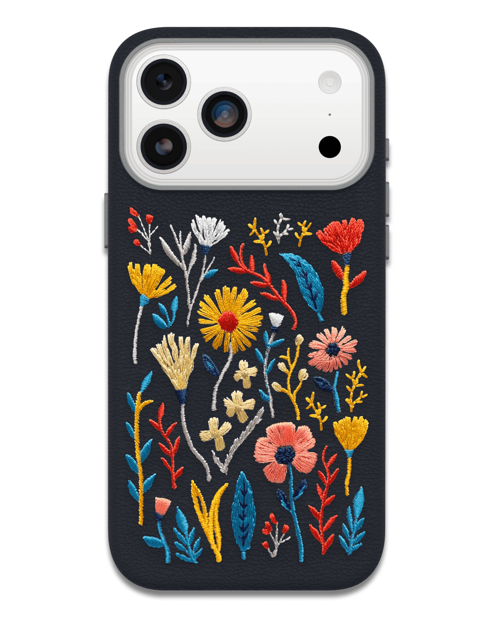 Phone case with colorful floral embroidery on a black background