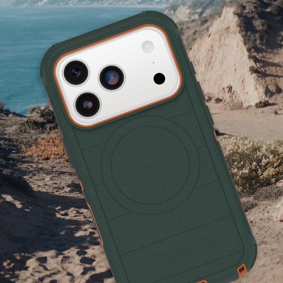 Phone case with a scenic background of water and cliffs