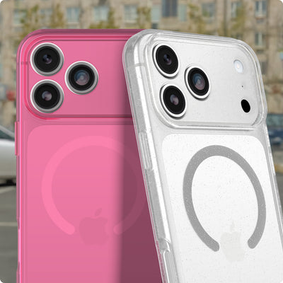 Two MagSafe-compatible phone cases shown on iPhones, one in translucent pink and one in translucent clear with silver glitter, displayed against a blurred outdoor street background.