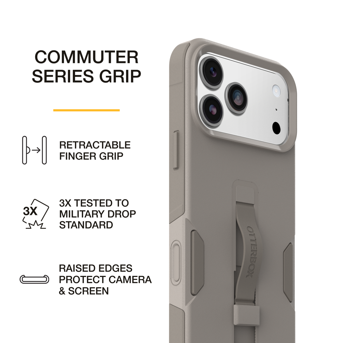OtterBox Commuter Series Grip phone case in gray, featuring a retractable finger grip, 3X military drop protection, and raised edges to help protect the camera and screen.