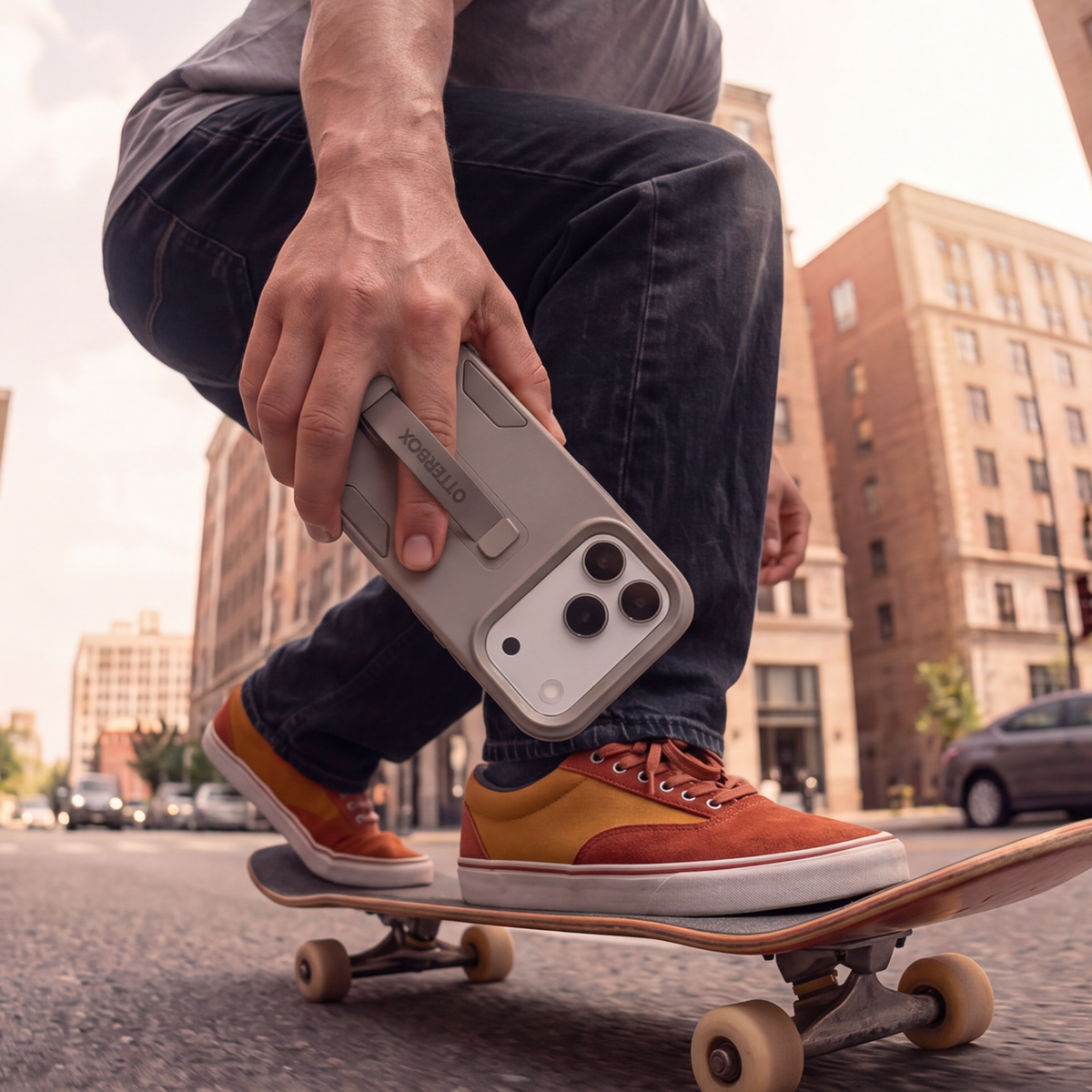 Person riding a skateboard in the city holding an OtterBox Commuter Grip case