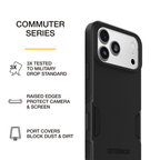 OtterBox Commuter Series phone case in black, highlighting 3X military drop protection, raised edges for camera and screen protection, and port covers that block dust and dirt.