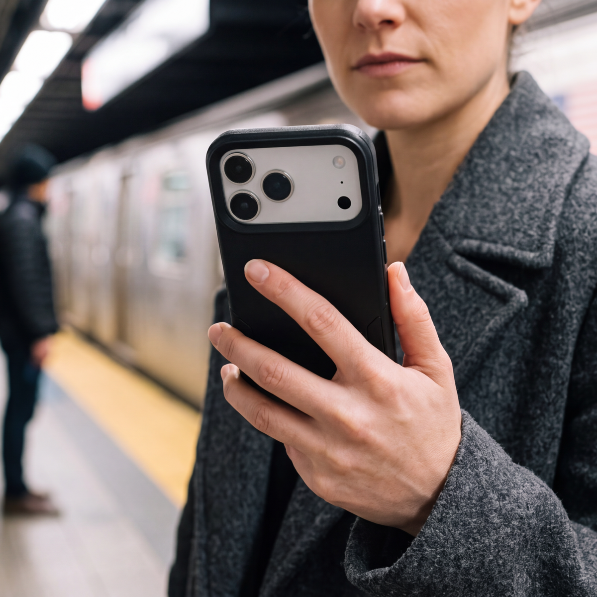 women holding an iPhone with a black commuter case in a city train setting