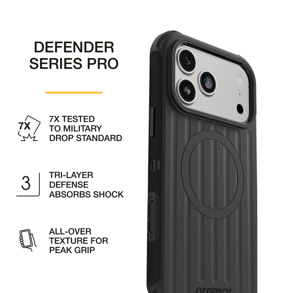 OtterBox Defender Series Pro phone case in black, featuring 7X military-standard drop protection, a tri-layer design that absorbs shock, and a textured surface for enhanced grip.