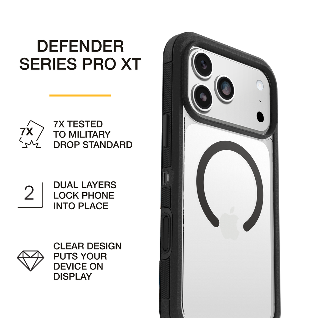 Clear protective phone case shown on a white iPhone with icons highlighting drop protection, dual-layer construction, and transparent design.