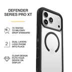 Clear protective phone case shown on a white iPhone with icons highlighting drop protection, dual-layer construction, and transparent design.