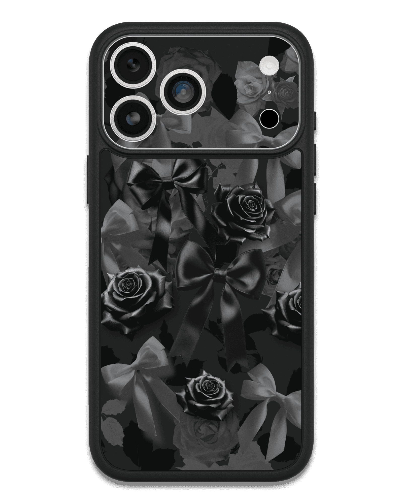 Phone case with black roses and bows design on a transparent background