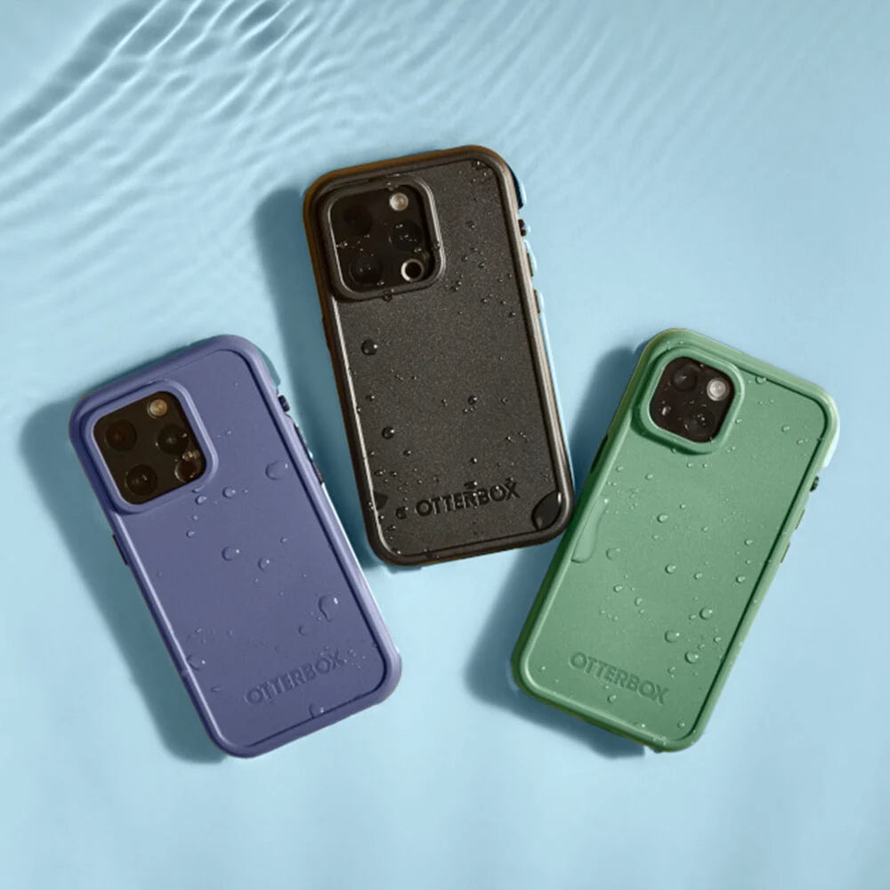 Three phone cases in purple, black, and green on a light blue background