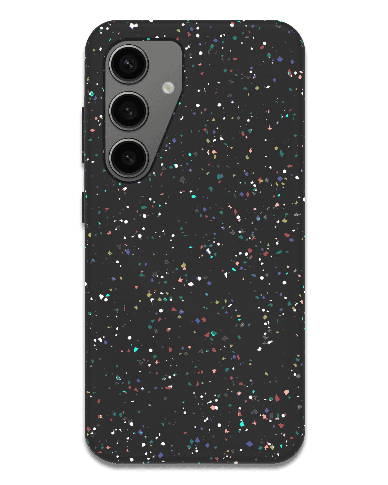 Phone case with a black speckled pattern on a transparent background
