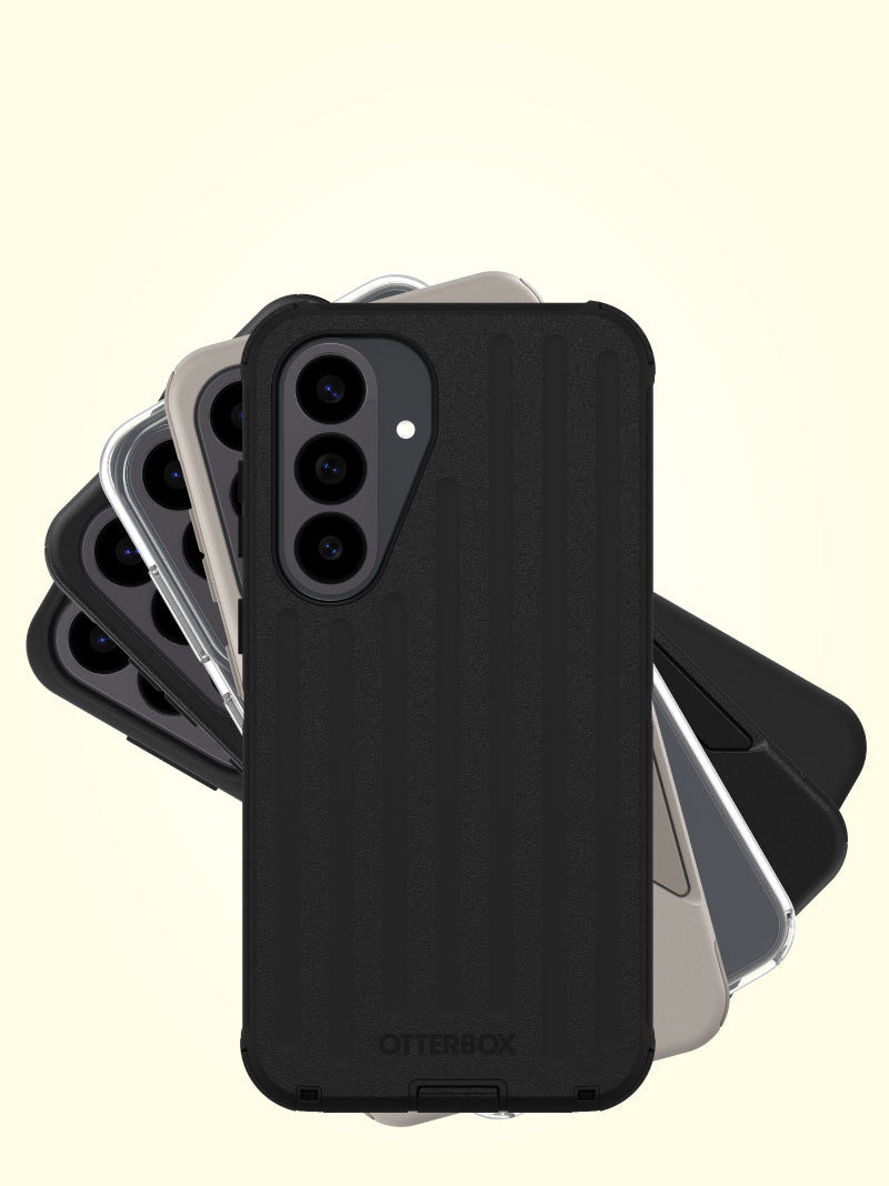 A black Otterbox phone case with a textured grip design, shown in front of a fanned-out stack of other phone cases in different colors on a light cream background.