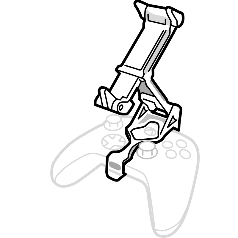 Black and white illustration of a crossbow attached to a gaming controller on a white background