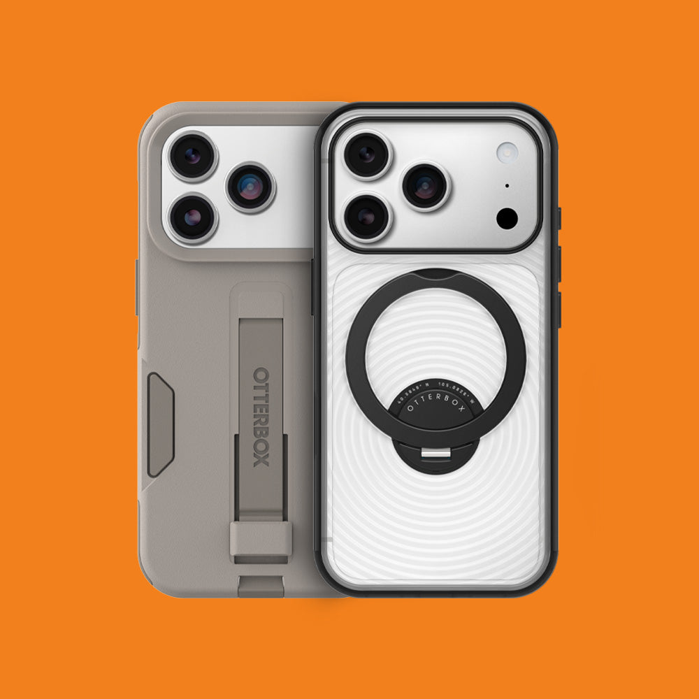 Two OtterBox phone cases shown on a solid orange background, one in gray and one in white with a black MagSafe ring.