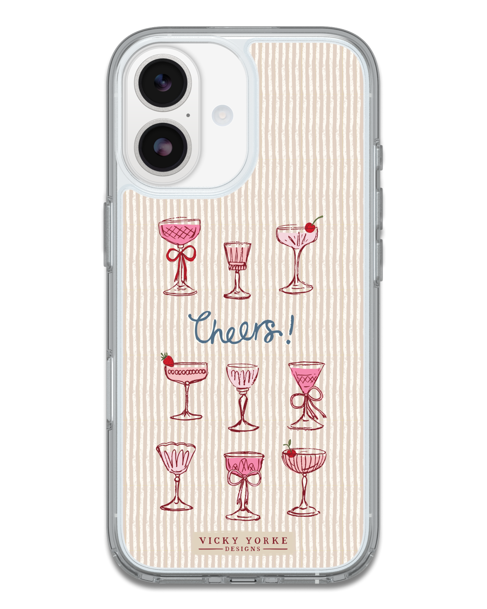Phone case with cocktail illustrations and 'Cheers!' text on a striped background
