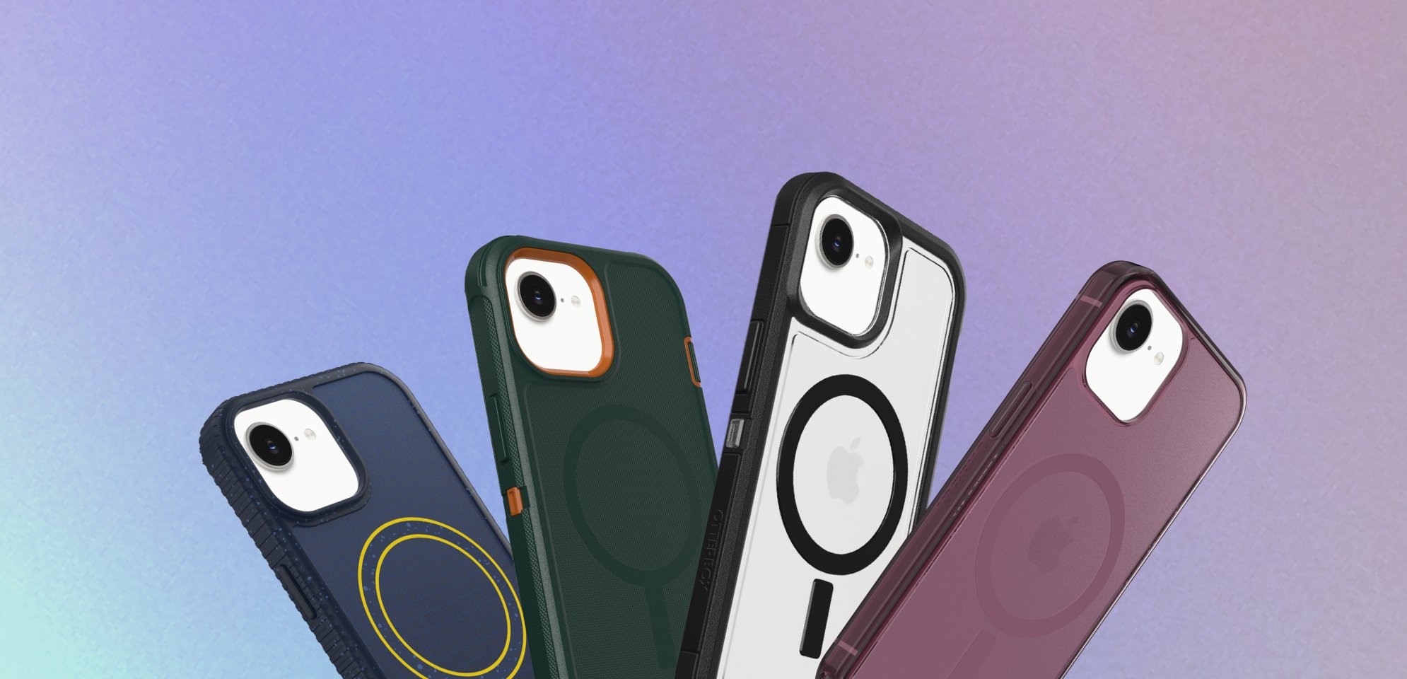 Four phone cases in different colors on a gradient background