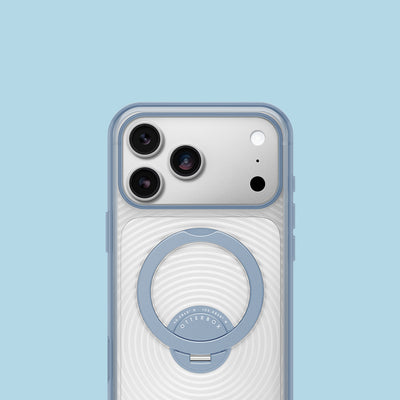 A light blue and white textured phone case with a circular ring stand, shown on a silver smartphone against a solid light blue background.