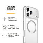 OtterBox Lumen Series clear case on a white iPhone with graphics highlighting slim design, drop protection, and raised edges for camera and screen protection.