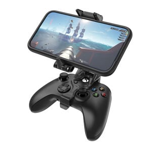Gaming controller with smartphone mount displaying a game on a white background