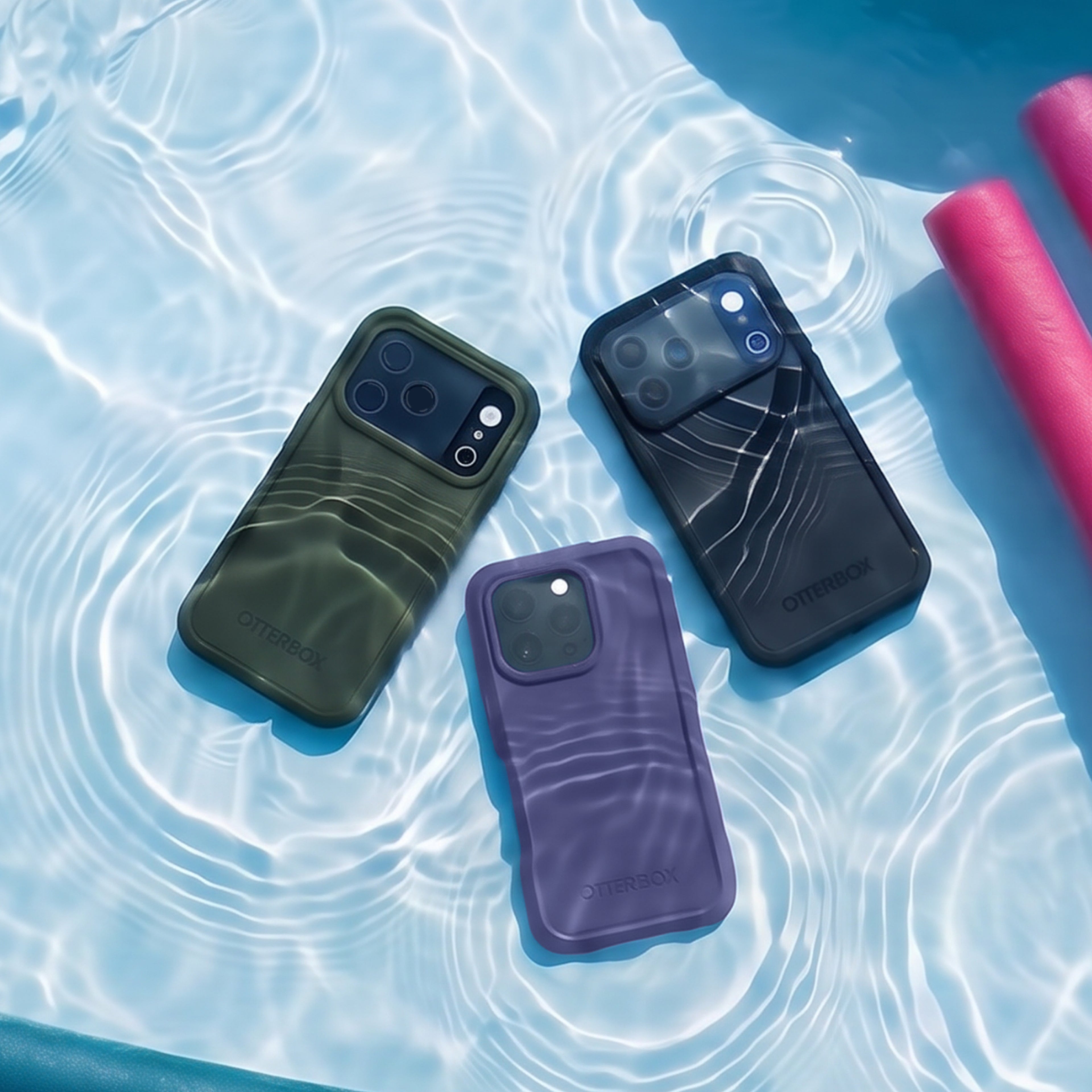 Three OtterBox Fre Series phone cases in green, black, and purple in a pool.