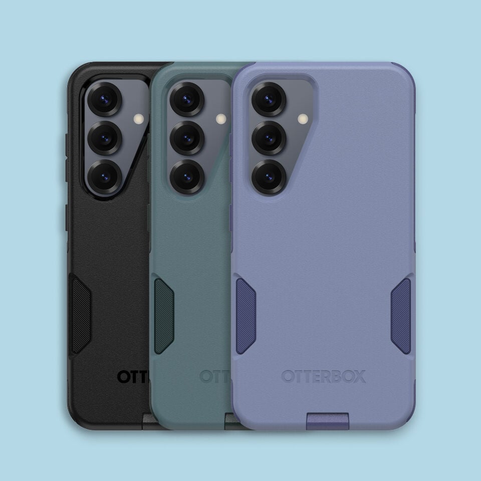 Three phone cases in black, green, and purple on a light blue background